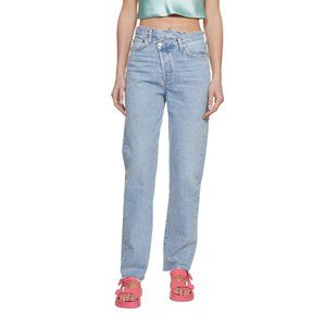 AGOLDE Criss Cross Waist Jeans Womens 27 Blue Straight Leg High Rise Raw Hem